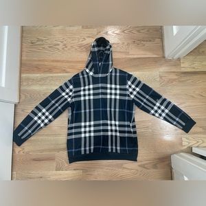 Large Burberry Check Cotton Hoodie White/dark blue